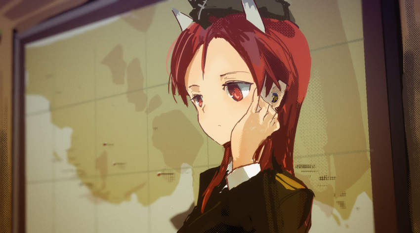 1girl animal_ears earpiece frown garrison_cap hand_up hat highres indoors kabuyama_kaigi map military military_uniform minna-dietlinde_wilcke red_eyes red_hair serious sketch solo strike_witches uniform upper_body wolf_ears world_witches_series