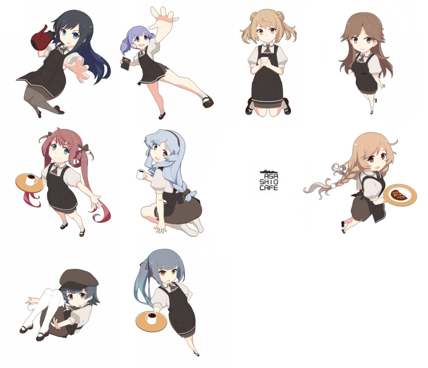 6+girls alternate_costume apron arare_(kantai_collection) arashio_(kantai_collection) asagumo_(kantai_collection) asashio_(kantai_collection) ascot ass back beret black_hair black_legwear black_ribbon black_skirt blonde_hair blue_eyes blue_hair braid breasts brown_eyes brown_hair brown_neckwear cafe coffee cup double_bun food foreshortening from_above full_body gradient_hair green_hairband grey_eyes grey_hair hair_bun hair_ribbon hairband hat holding holding_tray kantai_collection kasumi_(kantai_collection) kneehighs kneeling light_brown_hair long_hair looking_at_viewer menu michishio_(kantai_collection) minegumo_(kantai_collection) multicolored_hair multiple_girls ooshio_(kantai_collection) open_mouth pantyhose perspective plate pleated_skirt pot puffy_short_sleeves puffy_sleeves ribbon rice shirt short_hair short_sleeves short_twintails side_ponytail silver_eyes silver_hair simple_background single_braid skirt small_breasts smile solo text_focus tray tun twin_braids twintails waist_apron waitress wavy_hair white_background white_hair white_legwear white_shirt yamagumo_(kantai_collection) yellow_eyes