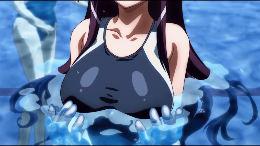 1girl animated animated_gif blush breast_grab breasts grabbing large_breasts long_hair pool satsukitane_mikako sora_no_otoshimono swimsuit