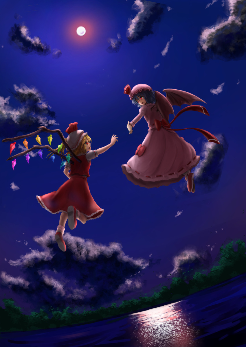 2girls bat_wings blonde_hair blouse blue_hair cloud commentary_request crystal dutch_angle fang flandre_scarlet flying folded_leg forest from_behind full_moon glowing glowing_eyes hat hat_ribbon highres juliet_sleeves lake long_sleeves looking_at_another luke_(kyeftss) mob_cap moon moonlight multiple_girls nature night night_sky open_mouth outdoors outstretched_hand pink_blouse pink_footwear puffy_short_sleeves puffy_sleeves red_eyes red_footwear red_skirt red_vest reflection remilia_scarlet ribbon shirt short_hair short_sleeves siblings side_ponytail sisters skirt sky touhou vest white_shirt wings