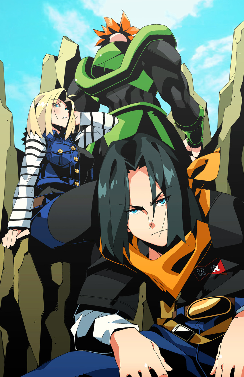 1girl 2boys android_16 android_17 android_18 back black_hair blonde_hair blue_sky dragon_ball dragonball_z looking_at_viewer mohawk multiple_boys nisego orange_hair rock sitting sky