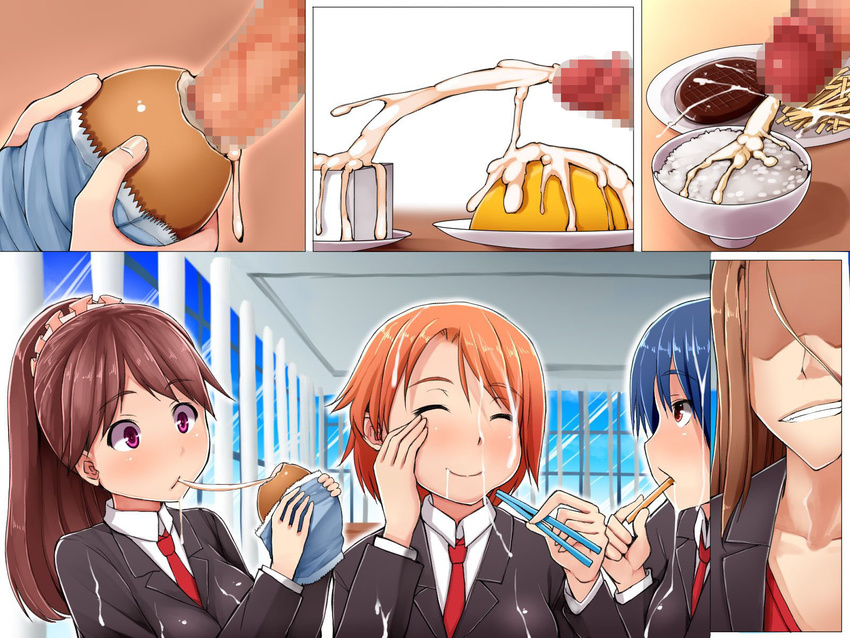 3girls artist_request blush bowl brown_hair censored cum cum_in_container cum_on_body cum_on_food cum_on_hair cum_on_upper_body cumdrip ejaculation gokkun hair_ornament happy highres indoors long_hair multiple_girls orgasm penis short_hair smile