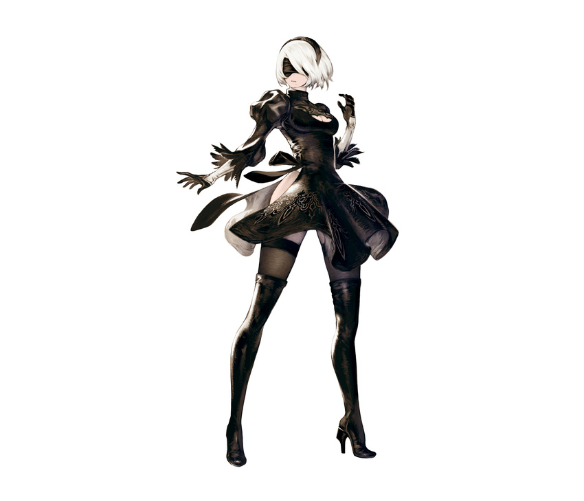 absurdres black_dress blindfold boots breasts cleavage cleavage_cutout dress full_body hairband high_heel_boots high_heels highres nier nier:_automata official_art puffy_sleeves silver_hair square_enix thigh_boots thighhighs yorha_no.2_type_b yoshida_akihiko