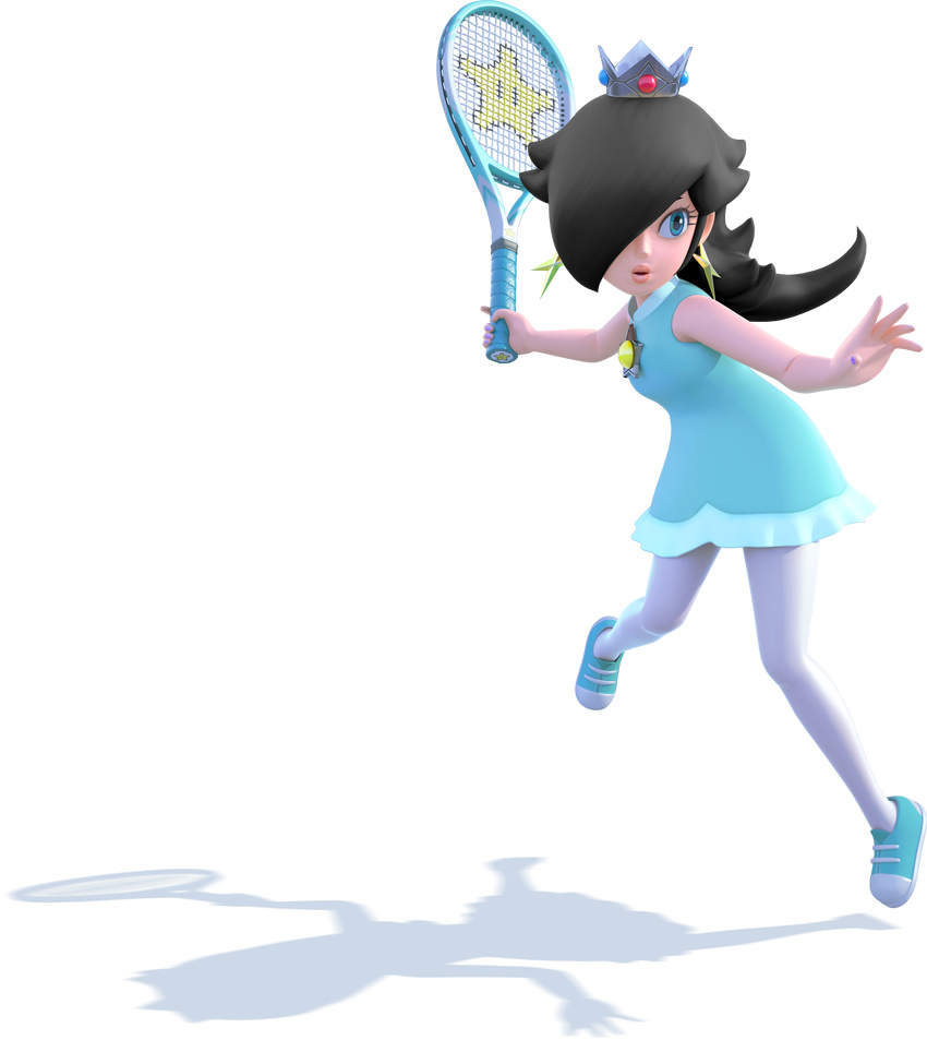 1girl black_hair blue_shoes crown earrings jewelry mario_tennis mario_tennis:_ultra_smash nail_polish nintendo official_art pantyhose racket rosetta_(mario) shoes super_mario_bros. super_mario_galaxy white_legwear