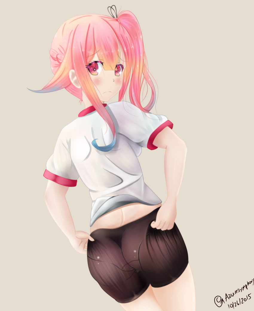 ass ass_grab azure_symphony backboob bike_shorts blonde_hair blue_hair blush breasts cameltoe deep_skin from_behind gym_clothes hair_ribbon harusame_(kantai_collection) kantai_collection long_hair looking_back multicolored_hair pantylines pink_eyes pink_hair ribbon side_ponytail solo