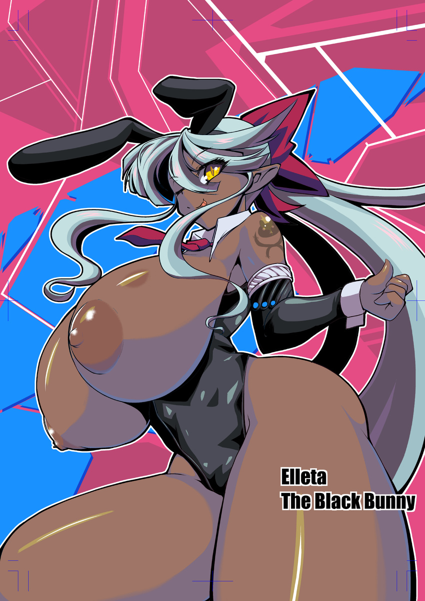 animal_ears areolae bare_shoulders breasts breasts_outside brown bunny_ears bunny_girl bunnysuit curvy dark_nipples dark_skin detached_sleeves female from_below gigantic_breasts hair_ornament highres kurogane_riku large_areolae large_breasts leotard licking_lips long_hair looking_at_viewer necktie nipples presenting puffy_nipples red_eyes ribbon silver_hair smile solo standing thick_thighs toned tongue tongue_out very_long_hair wide_hips wink