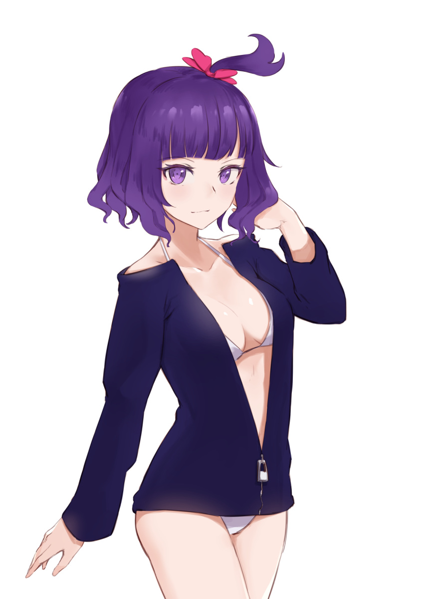 1girl alternate_costume arm_at_side arm_up bangs bare_shoulders bikini bikini_under_clothes blue_jacket blunt_bangs blush breasts cleavage closed_mouth collarbone commentary_request eyebrows_visible_through_hair fate/grand_order fate_(series) hair_ribbon hand_in_hair highres jacket jilu katsushika_hokusai_(fate/grand_order) long_sleeves looking_at_viewer medium_breasts one_side_up open_clothes open_jacket partially_unzipped pink_ribbon purple_eyes purple_hair ribbon short_hair simple_background smile solo swimsuit white_background zipper_pull_tab