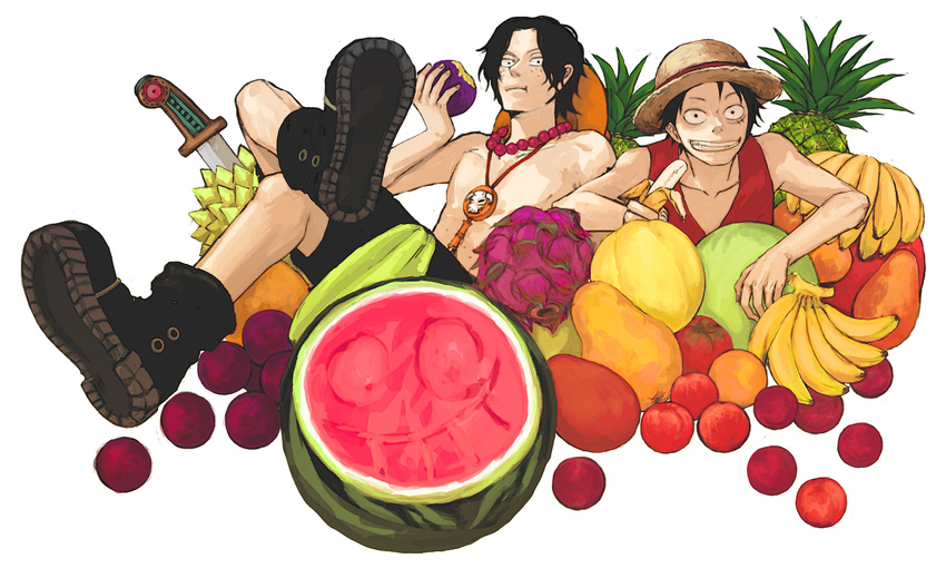 2boys apple banana boots brothers eating food fruit hat male_focus melon monkey_d_luffy multiple_boys necklace one_piece papaya persimmon pineapple plum portgas_d_ace red_vest siblings stampede_string straw_hat topless vest watermelon