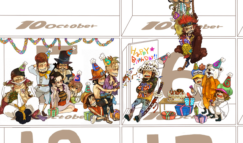 bear bepo birthday cake edward_newgate eustass_captain_kid flower_sword_vista food haruta_(one_piece) izou_(one_piece) killer_(one_piece) marco monkey_d_luffy multiple_boys one_piece penguin_(one_piece) sano shachi_(one_piece) thatch trafalgar_law