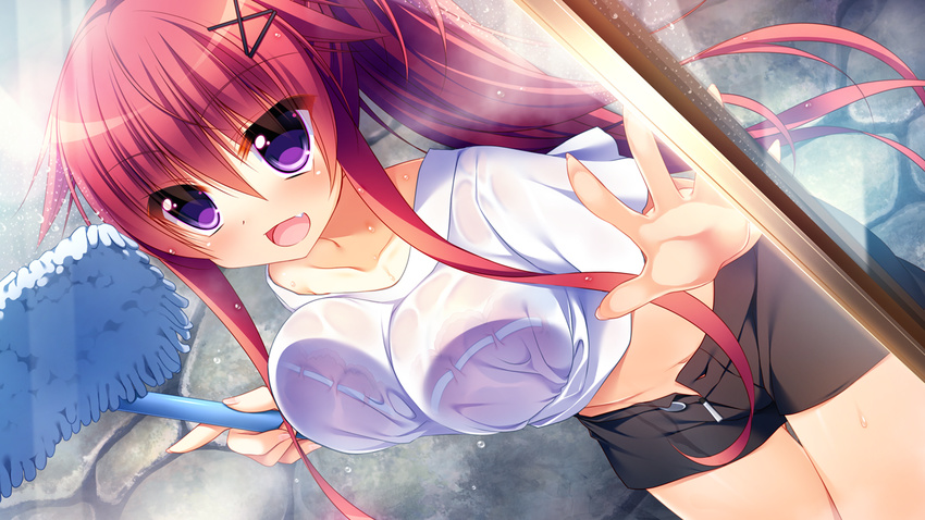 1girl against_glass blush bra breasts cleaning fang game_cg hair_ornament hairclip long_hair nanaka_mai navel pink_hair purple_eyes reppuuji_kanon see-through shorts smile solo underwear wet yuki_koi_melt