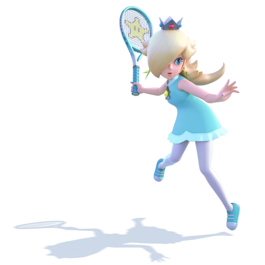 1girl blonde_hair blue_shoes crown earrings jewelry mario_tennis mario_tennis:_ultra_smash nail_polish nintendo official_art pantyhose racket rosetta_(mario) shoes super_mario_bros. super_mario_galaxy white_legwear