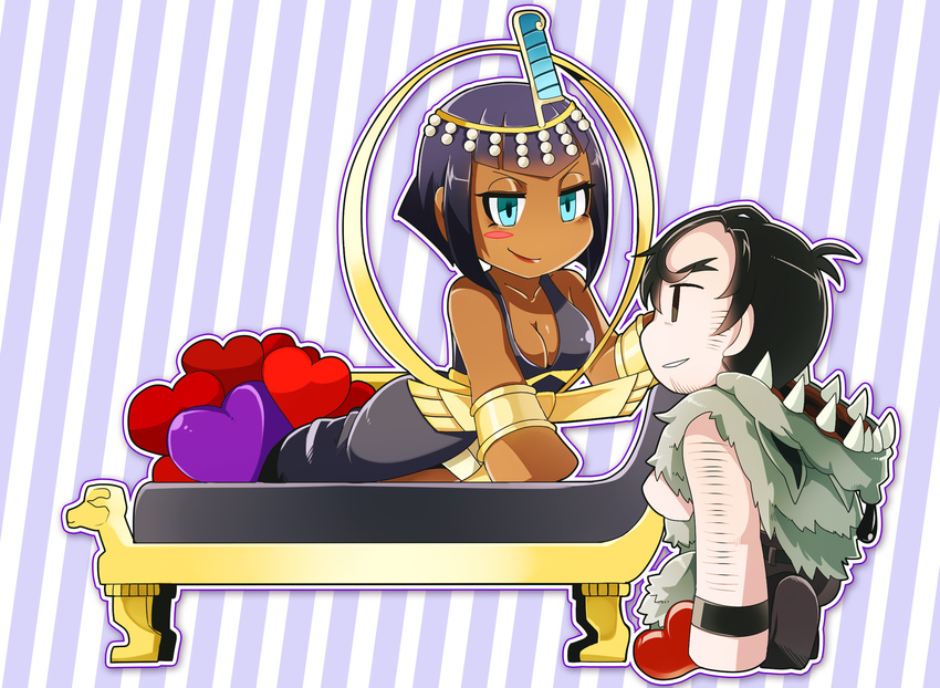 1boy 1girl artist_request beowulf_(skullgirls) black_eyes black_hair blue_eyes breasts chibi cleavage dark_skin egyptian eliza eliza_(skullgirls) heart kneeling large_breasts pelt short_hair skullgirls smile stubble vandyke_brown