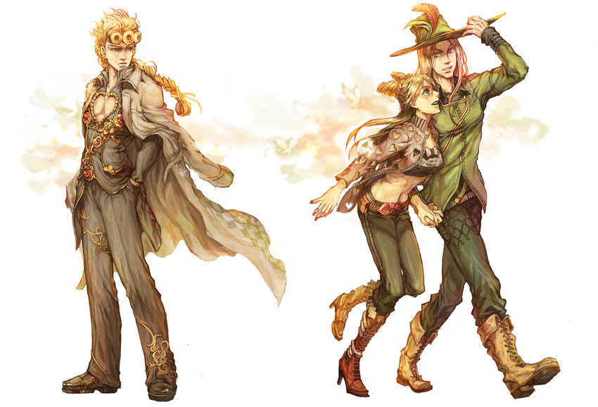 2boys agnesgd alternate_costume alternate_hairstyle anakiss bad_id bad_pixiv_id belt blonde_hair blue_eyes boots braid coat couple double_bun feathers giorno_giovanna green_eyes green_lipstick hat hetero highres holding_hands irene_(jojo) jojo_no_kimyou_na_bouken kuujou_jolyne lipstick long_coat long_hair makeup midriff multiple_boys nail_polish narciso_anasui overcoat pink_hair smile stone_ocean vento_aureo walking