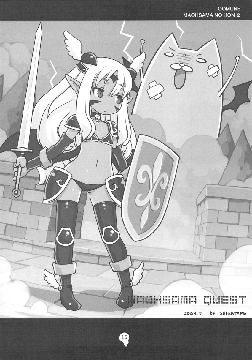 :&lt; armor bat_wings boots cat choker demon demon_girl demon_wings detached_sleeves facial_mark flat_chest forehead_mark greyscale highres horns long_hair lowleg lowleg_panties maou_(oomune_maou-sama) midriff monochrome navel nyanjirou oomune_maou-sama_no_hon original panties parody pauldrons pointy_ears scan shield shigatake sword thigh_boots thighhighs underwear weapon wings