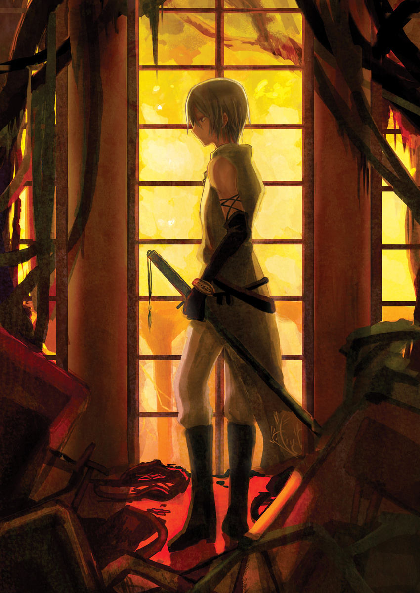 androgynous copyright_request elbow_gloves gloves highres kariya_kyou messy_room short_hair silver_hair solo sword tree weapon window