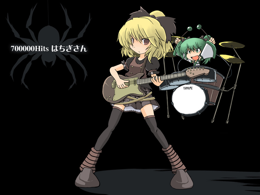 2girls bangs black_legwear blonde_hair brown_eyes bug drum drum_set eyebrows eyebrows_visible_through_hair green_eyes green_hair guitar hair_between_eyes hair_ribbon instrument kisume kurodani_yamame miniskirt multiple_girls open_mouth pleated_skirt puffy_short_sleeves puffy_sleeves ribbon short_sleeves skirt smile spider thighhighs touhou wide_sleeves