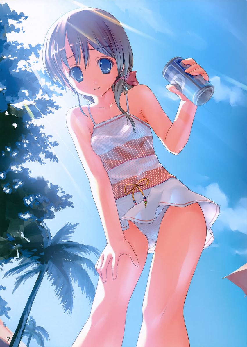 absurdres bow can cloud day dress from_below hair_bow highres light_rays looking_down original palm_tree panties polka_dot polka_dot_panties sky solo sunbeam sundress sunlight takoyaki_(roast) tree underwear white_panties