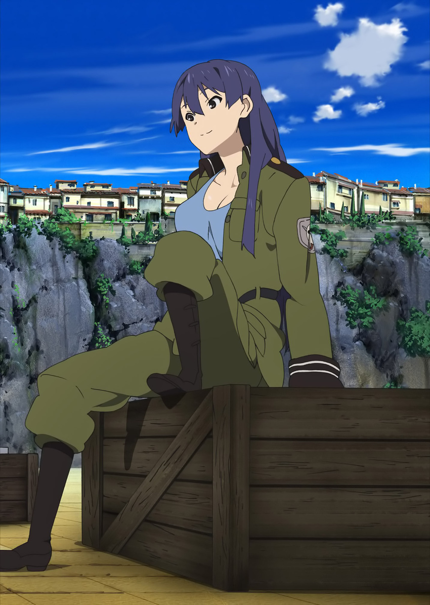 blue_hair boots box breasts cleavage cloud crate day highres kazumiya_rio long_hair military military_uniform non-web_source on_box sitting sitting_on_box sky solo sora_no_woto uniform