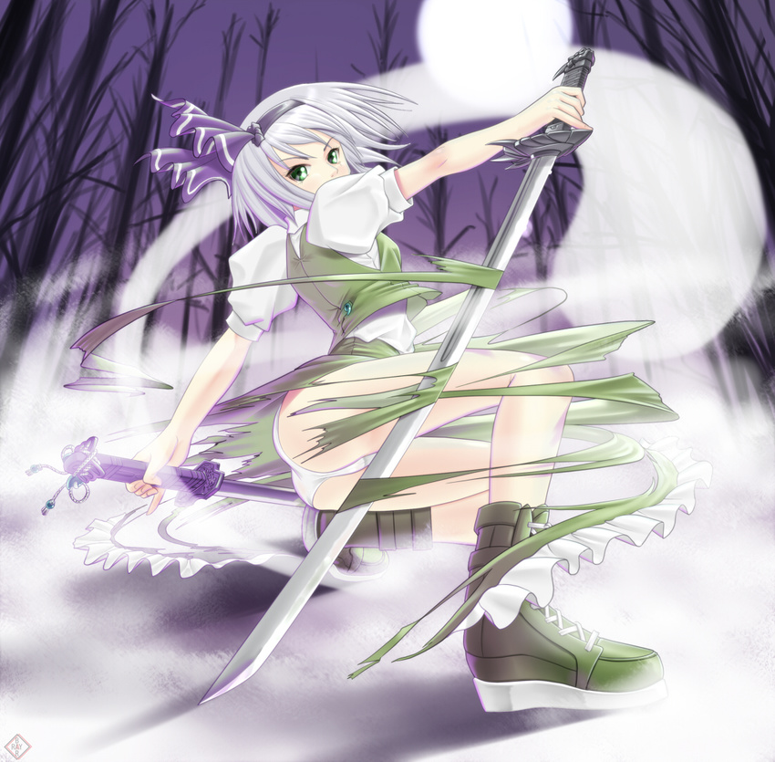 boots dual_wielding hairband hitodama holding katana konpaku_youmu konpaku_youmu_(ghost) panties raybar short_hair silver_hair solo sword tearing_clothes torn_clothes touhou underwear weapon