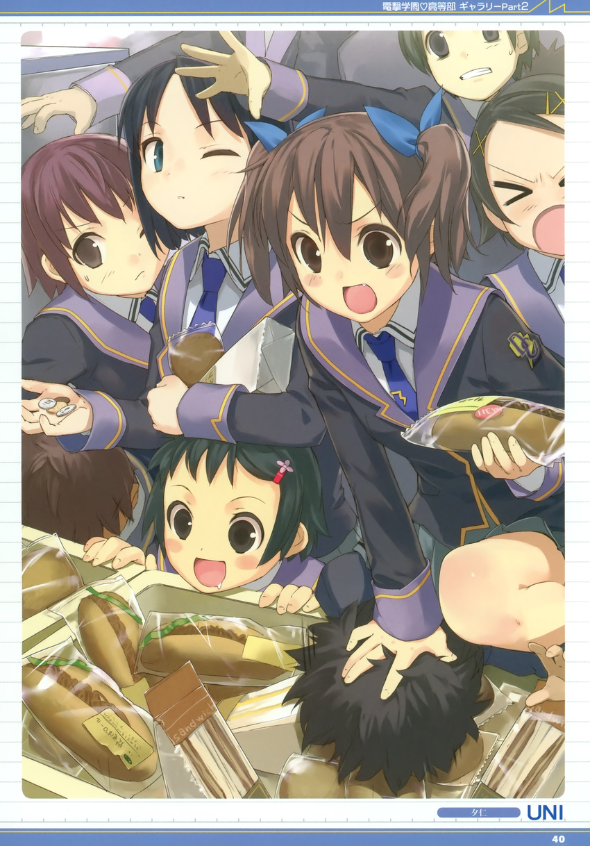 &gt;_&lt; 6+girls :o absurdres blush_stickers closed_eyes coin copyright_request drooling fang food hair_ornament hair_ribbon hairclip highres hungry multiple_boys multiple_girls necktie one_eye_closed open_mouth outstretched_arm outstretched_hand reaching ribbon sandwich school_uniform twintails uni