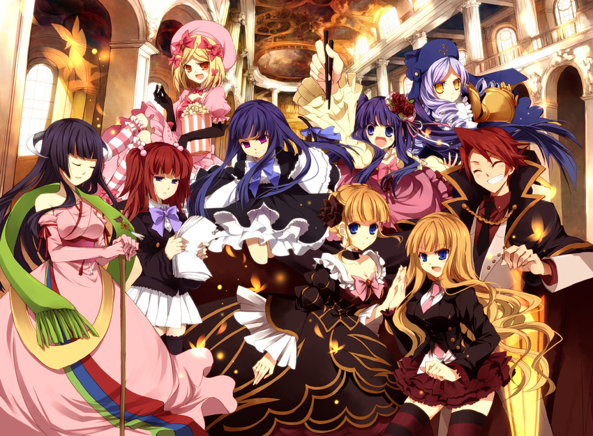 6+girls beatrice black_hair blonde_hair blue_hair bow bug butterfly dlanor_a_knox dress drill_hair eiserne_jungfrau featherine_augustus_aurora flower food frederica_bernkastel furudo_erika hair_ornament hat insect lambdadelta lavender_hair multiple_girls pink_bow pink_hat popcorn purple_hair red_hair ribbon skirt suzushiro_kurumi thighhighs twintails umineko_no_naku_koro_ni ushiromiya_ange ushiromiya_battler