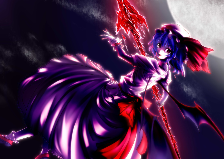 absurdres bad_id bad_pixiv_id bat_wings blue_hair hat highres polearm red_eyes remilia_scarlet short_hair solo sorono spear spear_the_gungnir touhou weapon wings