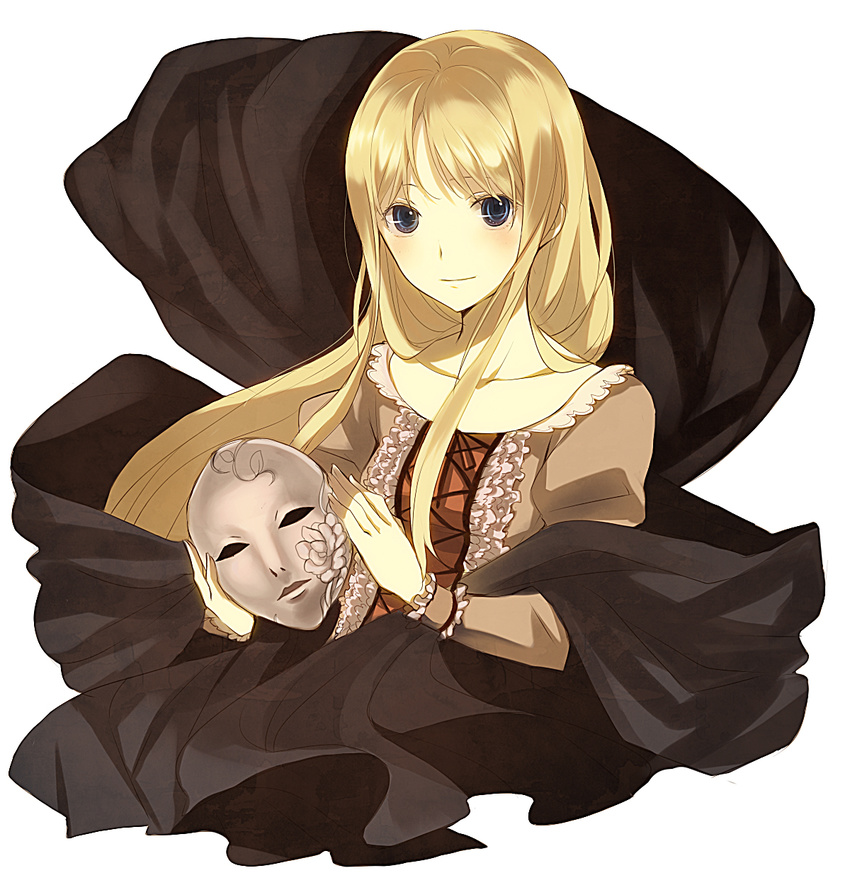 baccano! blonde_hair blue_eyes dress highres long_hair mask monica_campanella nanamura smile solo