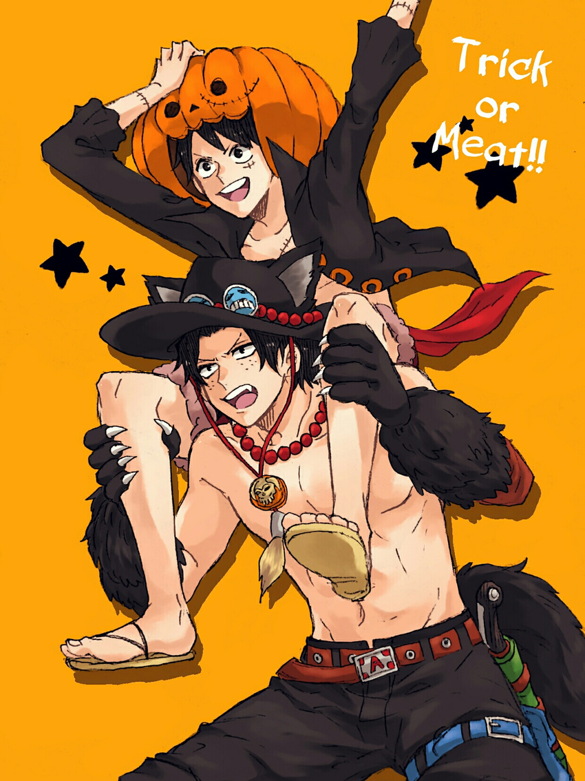 2boys brothers carrying costume halloween hat jack-o'-lantern jack-o'-lantern male_focus monkey_d_luffy multiple_boys necklace one_piece orange_background paw_gloves portgas_d_ace pumpkin sandals siblings stampede_string tail thigh_strap