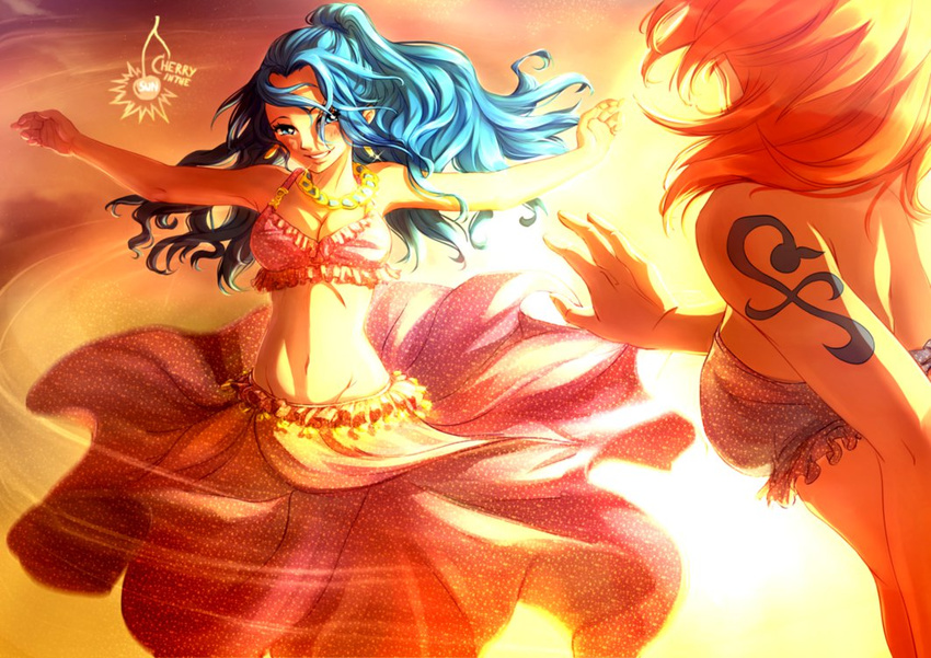 2girls alabasta blue_hair cherryinthesun midriff multiple_girls nami_(one_piece) nefertari_vivi one_piece orange_hair