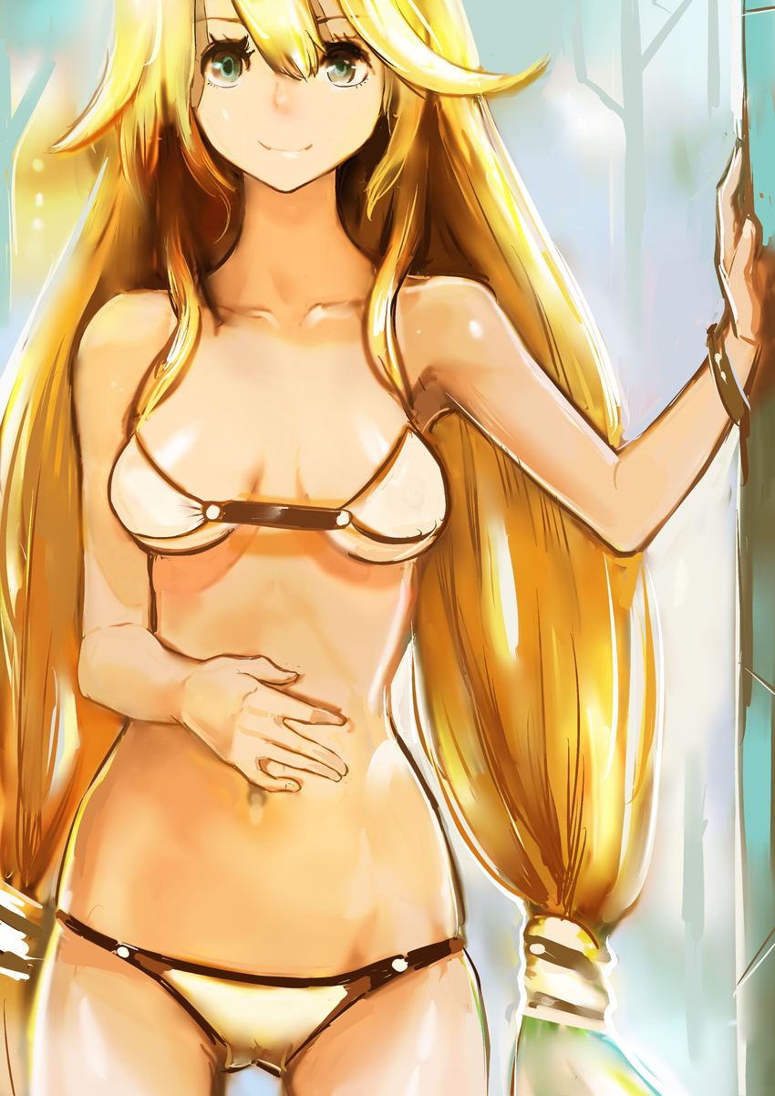 1girl arm_support bikini blonde_hair breasts cowboy_shot eyelashes green_eyes hand_on_stomach long_hair looking_at_viewer low_twintails micro_bikini navel okuto rough smile solo standing swimsuit thigh_gap twintails underboob very_long_hair