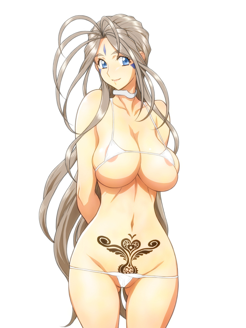 1girl aa_megami-sama areola_slip areolae arms_behind_back belldandy bikini blue_eyes breasts brown_hair collar facial_mark female forehead_mark gluteal_fold jewelry joy_division large_breasts lipstick makeup simple_background smile solo standing swimsuit tattoo thigh_gap white_background