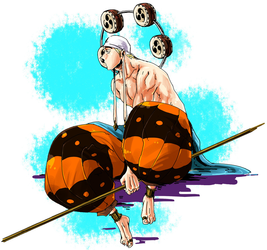 1boy anklet bandanna barefoot earrings enel jewelry kepe male_focus mitsudomoe_(shape) one_piece sitting solo staff topless