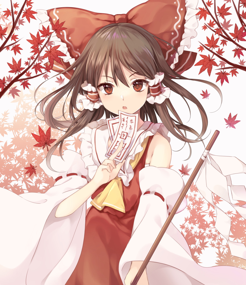 1girl absurdres ascot autumn_leaves bangs bare_shoulders bow brown_eyes brown_hair commentary_request cowboy_shot detached_sleeves dress eyebrows_visible_through_hair frilled_bow frilled_shirt_collar frills gohei hair_between_eyes hair_bow hair_tubes hakurei_reimu highres holding kizitora_hato long_hair long_sleeves looking_at_viewer ofuda open_mouth red_bow red_dress ribbon-trimmed_sleeves ribbon_trim sarashi shide sidelocks simple_background solo touhou white_background wide_sleeves yellow_neckwear