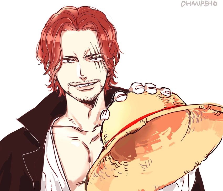 1boy male_focus one_piece red_hair scar shanks solo straw_hat