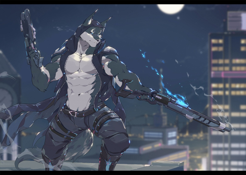 2019 abs anthro belt biceps building canid canine canis city clothing digital_media_(artwork) fur gun hi_res kemono male mammal moon muscular muscular_male night open_hoodie outside pecs ranged_weapon sky solo tengo weapon wolf