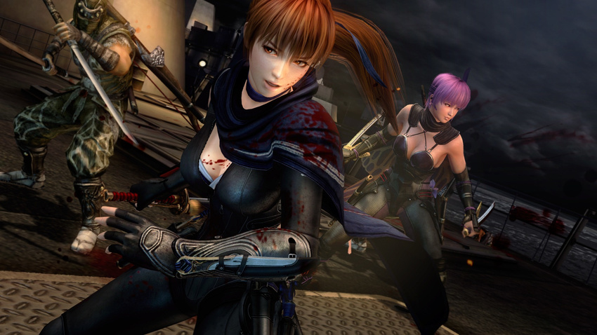 2girls 3d ayane_(doa) blood breasts cleavage headband kasumi_(doa) large_breasts multiple_girls ninja_gaiden ninja_gaiden_3:_razor's_edge ninja_gaiden_3:_razor's_edge ponytail purple_hair siblings sisters sword weapon