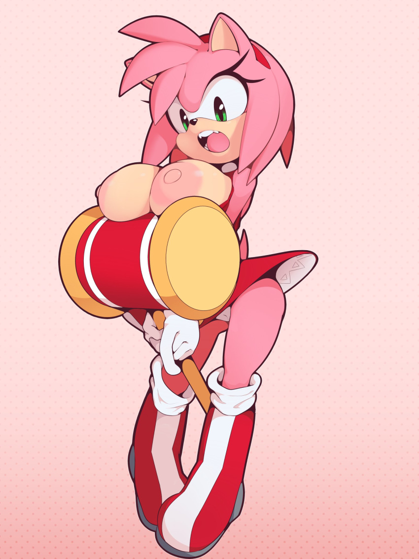 2019 amy_rose anthro areola big_breasts big_nipples black_nose boots breasts clothed clothing dress eulipotyphlan female footwear gloves green_eyes hair hairband hammer hedgehog hi_res holding_object mammal nipples open_mouth panties pink_hair plantpenetrator solo sonic_(series) tongue tools topless underwear video_games