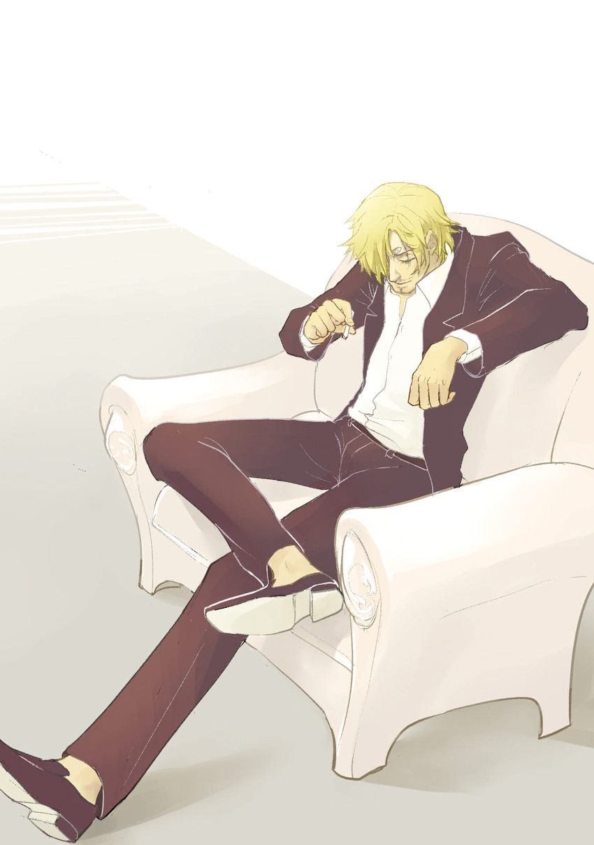 armchair blonde_hair chair male_focus one_piece sanji sitting solo white_upholstery