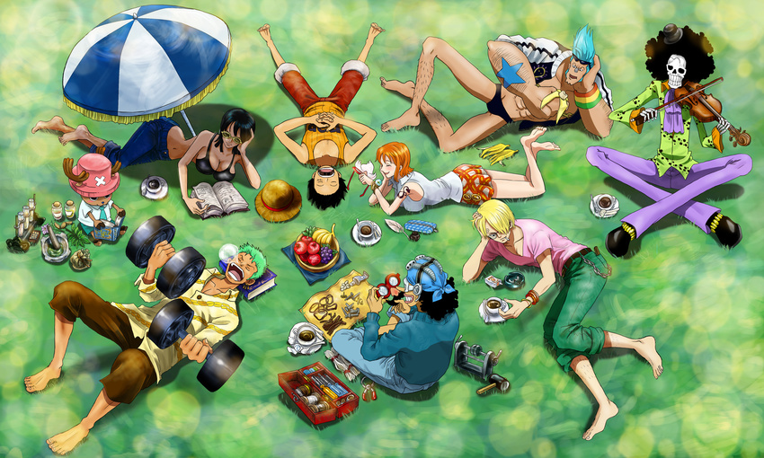 apple banana brook coffee eating fake_mustache food franky fruit monkey_d_luffy nami_(one_piece) nico_robin one_piece reading roronoa_zoro sanji sleeping tony_tony_chopper usopp vial violin weight