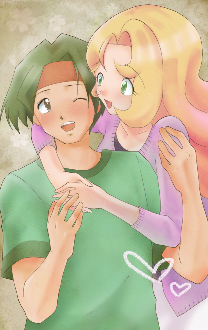 1girl :d black_hair blonde_hair blush brown_eyes commentary_request couple green_eyes headband heart hetero highres hug hug_from_behind kenji_(pokemon) kijouyu long_hair one_eye_closed open_mouth pokemon pokemon_(anime) pokemon_(classic_anime) sakura_(pokemon) smile sweater