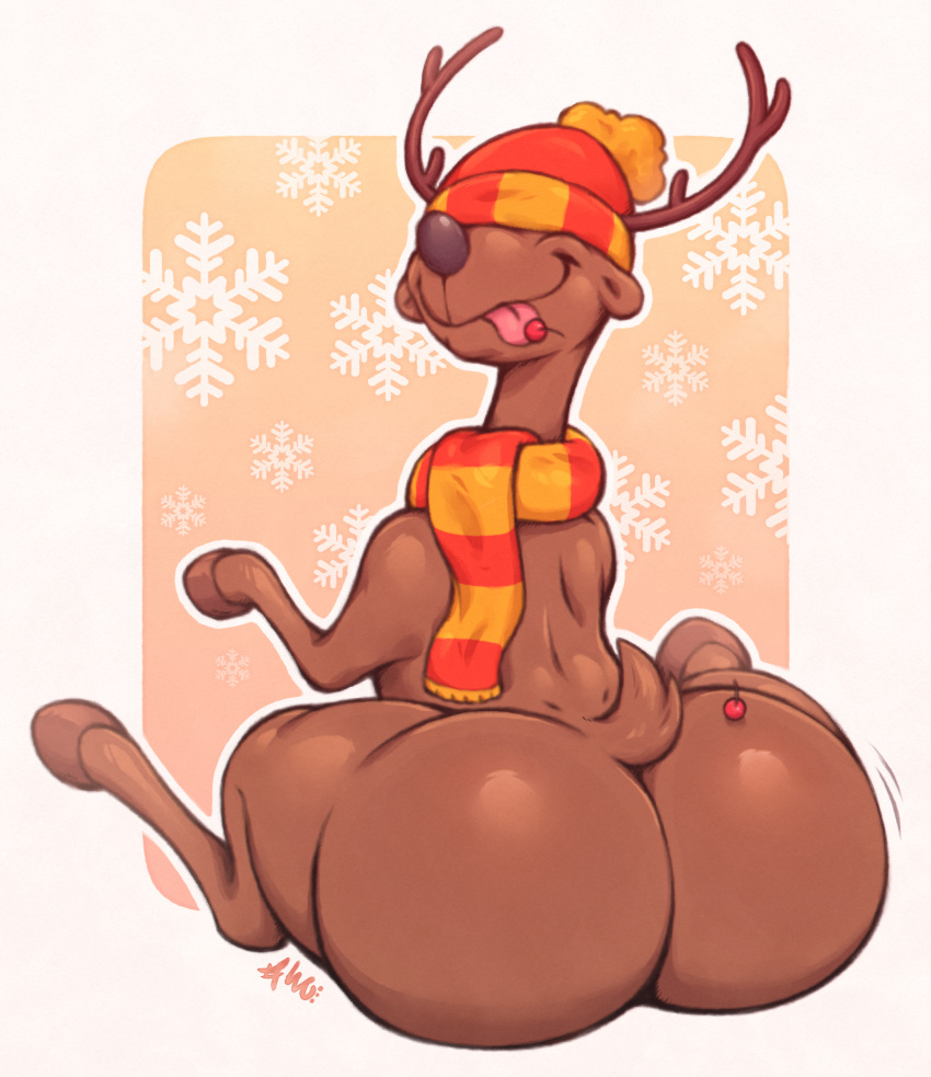 absurd_res antlers big_butt bitfly black_nose blep brown_antlers brown_body brown_fur brown_hooves butt cherry christmas covered_eyes deer feral food food_on_butt fruit fur garibaldi_(santa's_pocket_watch) hi_res holidays hooves horn knit_hat looking_back male mammal new_world_deer pattern_background pink_tongue plant rear_view reindeer santa's_pocket_watch scarf scut_tail short_tail signature simple_background sitting smile snowflake solo tail thick_thighs tongue tongue_out unguligrade wide_hips winter_clothing