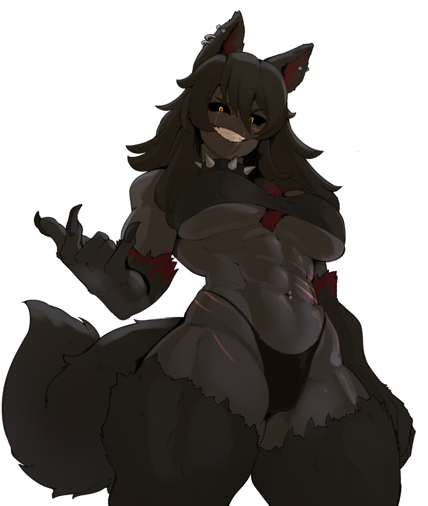 abs alternate_version_at_source animal_humanoid big_breasts black_body black_fur black_hair black_nails black_sclera breasts canid canid_humanoid canine canine_humanoid chest_tuft claws clothed clothing collar colored_nails crop_top dominant dominant_female ear_piercing ear_ring eye_scar facial_scar female fur genitals hair hand_gesture hellhound_(mge) hi_res humanoid long_hair looking_at_viewer looking_down low-angle_view mammal mammal_humanoid monster_girl_(genre) monster_girl_encyclopedia muscular muscular_female nails navel navel_piercing nudiedoodles panties piercing ring_piercing scar sharp_claws shirt simple_background smile smiling_at_viewer solo spiked_collar spikes tail teeth teeth_showing thick_thighs topwear tuft under_boob underwear white_background worm's-eye_view yellow_eyes