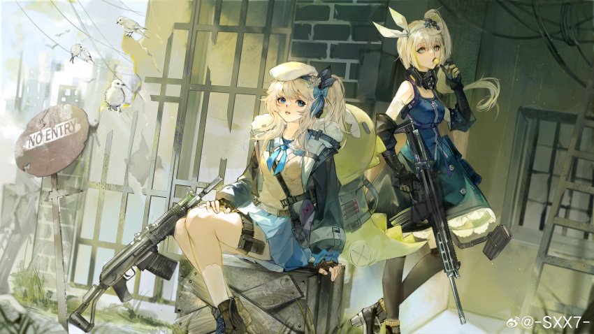 2girls absurdres aqua_eyes assault_rifle bag bird black_gloves black_jacket blonde_hair blue_bow blue_eyes blue_skirt bow breasts candy cardigan fingerless_gloves food girls'_frontline girls'_frontline_2:_exilium gloves gun hair_bow hair_ornament highres holding holding_candy holding_food holding_gun holding_lollipop holding_weapon jacket lollipop long_hair magazine_(weapon) medium_breasts multiple_girls one_side_up rifle road_sign robinson_armaments_xcr ruins sharkry_(girls'_frontline_2) shotgun shoulder_bag side_ponytail sidelocks sign sitting skirt socks star-shaped_pupils star_(symbol) sxx7_sxx7 symbol-shaped_pupils vepley_(girls'_frontline_2) vepr-12 weapon white_headwear white_socks wooden_box yellow_cardigan