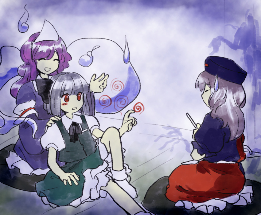 3girls black_ribbon blue_dress blue_headwear blunt_bangs closed_eyes collared_shirt commentary_request dress flat_chest frilled_sleeves frills green_skirt green_vest grey_hair hair_ribbon hand_on_another's_shoulder hand_up hat kaigen_1025 kneeling konpaku_youmu long_hair long_sleeves multicolored_clothes multicolored_shirt multicolored_skirt multiple_girls neck_ribbon no_nose no_shoes open_mouth petticoat puffy_short_sleeves puffy_sleeves purple_hair red_eyes ribbon saigyouji_yuyuko shirt short_sleeves single_blush_sticker sitting skirt smile socks straight_hair sweatdrop touhou triangular_headpiece vest white_shirt white_socks yagokoro_eirin