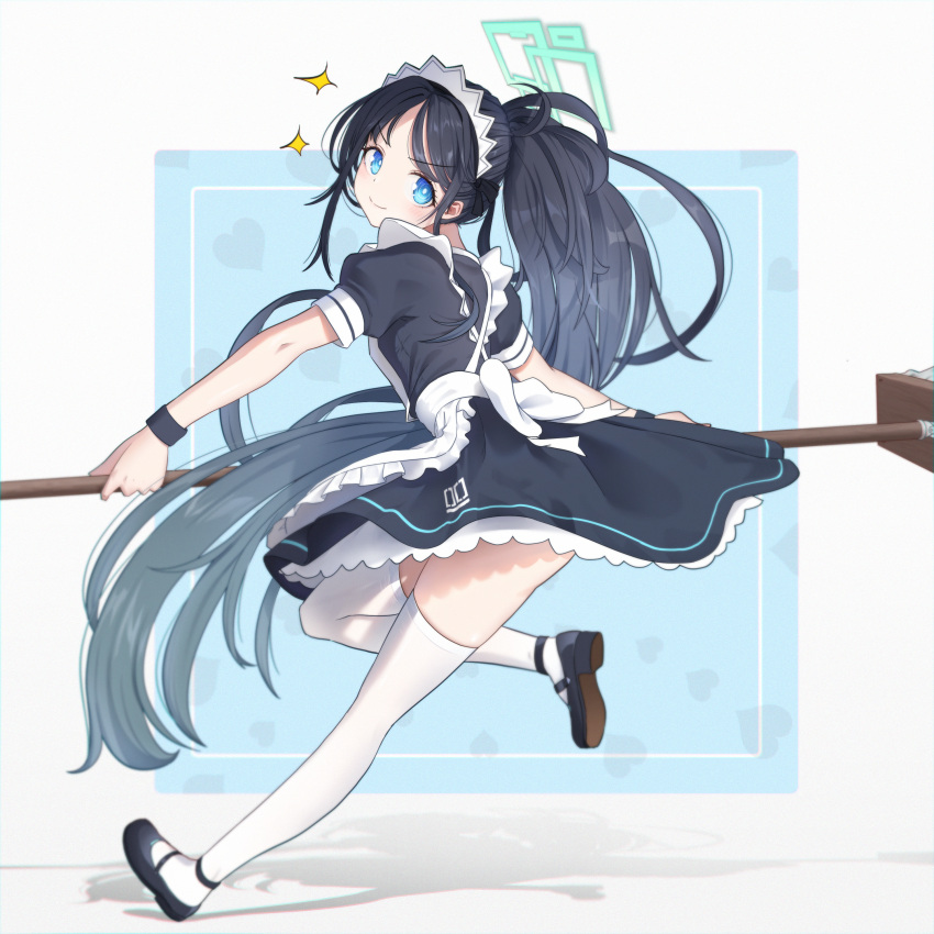 &gt;:) 1girl absurdres apron aris_(blue_archive) aris_(maid)_(blue_archive) black_dress black_footwear black_hair black_wrist_cuffs blue_archive blue_eyes blush bright_pupils broom chiu538 closed_mouth commentary_request dress floating_clothes floating_hair frilled_apron frilled_dress frills from_side full_body halo heart highres holding holding_broom korean_commentary light_blue_background long_hair looking_at_viewer maid maid_apron maid_headdress mary_janes mixed-language_commentary partial_commentary ponytail puffy_short_sleeves puffy_sleeves shoes short_sleeves simple_background smile sparkle standing standing_on_one_leg thighhighs thighs two-tone_background v-shaped_eyebrows very_long_hair white_apron white_background white_pupils white_thighhighs wrist_cuffs