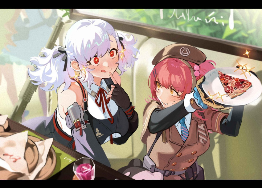 2girls animal_bag beret black_gloves black_ribbon blush breasts brown_headwear clenched_teeth cross-shaped_pupils fingerless_gloves food girls'_frontline girls'_frontline_2:_exilium gloves gun hair_ornament hair_ribbon hairpin hat holding holding_food holding_plate large_breasts medium_hair mp7_(girls'_frontline) multiple_girls necktie pink_hair pizza pizza_slice plate pump_action red_eyes red_ribbon ribbon shotgun smile spas-12 spas-12_(girls'_frontline) striped_necktie sweatdrop symbol-shaped_pupils teeth tongue tongue_out two-tone_gloves ushi_(newrein) weapon white_hair yellow_eyes yellow_gloves