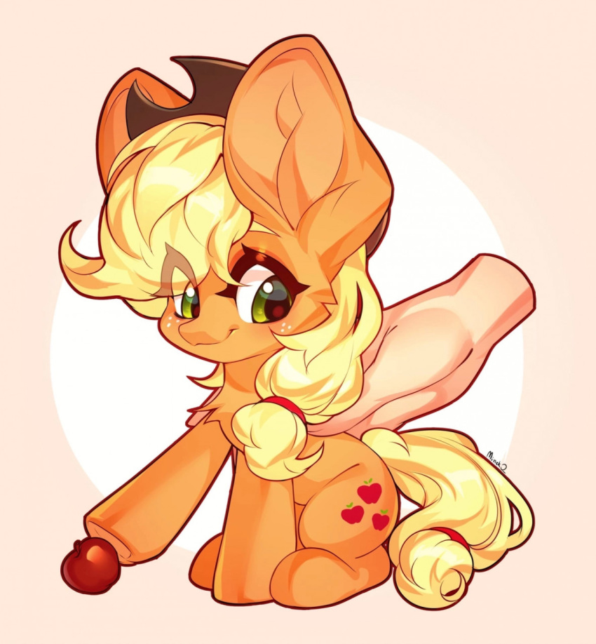 apple applejack_(mlp) blonde_hair clothing cowboy_hat cutie_mark disembodied_hand earth_pony equid equine female food freckles friendship_is_magic fruit green_eyes hair hasbro hat headgear headwear hi_res horse looking_back mammal minekoo2 my_little_pony petting plant pony tail yellow_tail