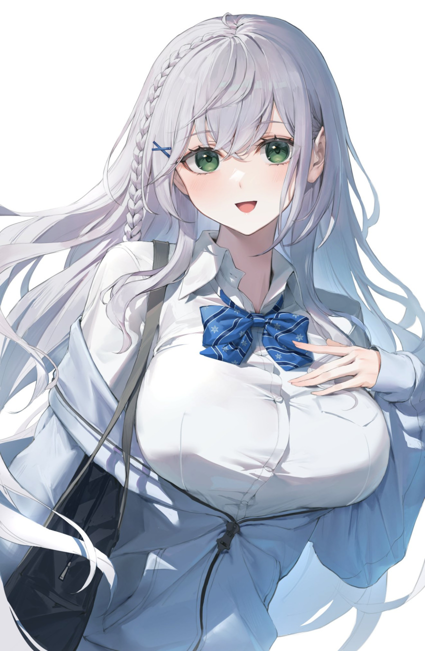 1girl bag blue_jacket blush braid breasts collared_shirt commentary_request green_eyes grey_hair hair_between_eyes handbag highres hololive jacket large_breasts long_hair looking_at_viewer off_shoulder open_mouth partially_unzipped shirogane_noel shirogane_noel_(school_uniform) shirt simple_background single_braid smile solo upper_body virtual_youtuber watao white_background white_shirt