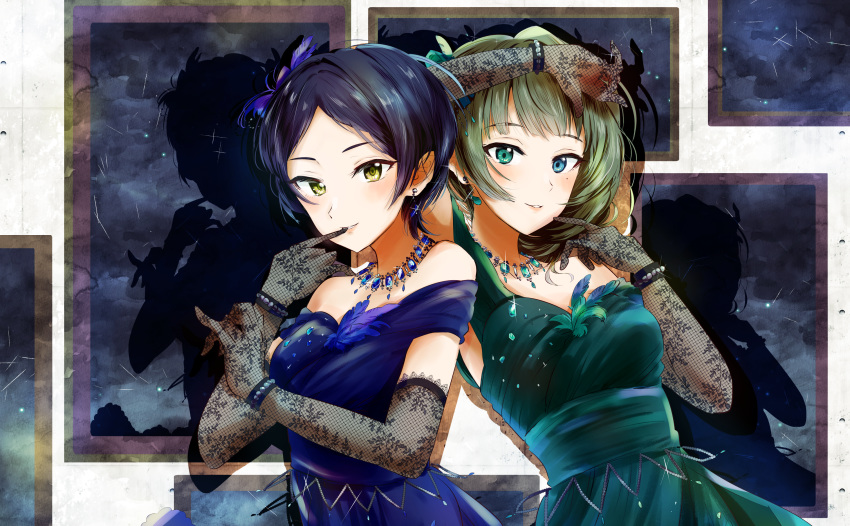 2girls bare_shoulders biting black_hair blue_dress blue_earrings bracelet dress earrings feathers finger_biting fishnet_fabric fishnet_gloves fishnets gloves green_dress green_earrings green_eyes hair_feathers hand_up hayami_kanade highres idolmaster idolmaster_cinderella_girls idolmaster_cinderella_girls_starlight_stage jewelry looking_at_viewer medium_hair multiple_girls mysterious_eyes_(idolmaster) necklace oka_paya pretty_liar_(idolmaster) shadow short_hair sparkle takagaki_kaede upper_body yellow_eyes