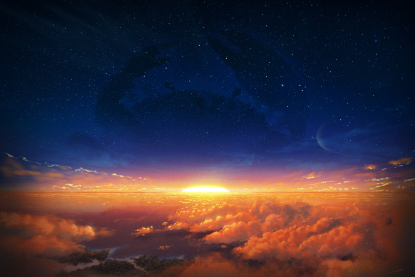 blue_sky cloud commentary_request commission crab evening fantasy horizon landscape moon no_humans ocean original pixiv_commission scenery shore sky star_(sky) starry_sky sunset vinci_v7